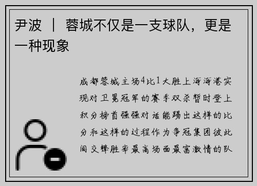 尹波 ｜ 蓉城不仅是一支球队，更是一种现象
